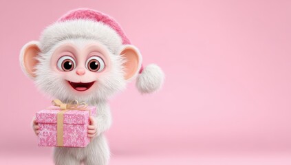 Obraz premium Adorable happy 3d cartoon monkey delivering a wrapped christmas present tied with ribbon for the winter holiday season, funny xmas gift scene