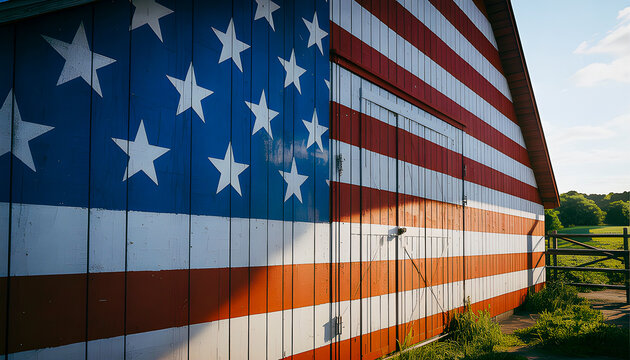 A rustic barn painted with a large American flag design stands in the countryside under clear skies symbolizing patriotism rural America and national pride in the landscape
