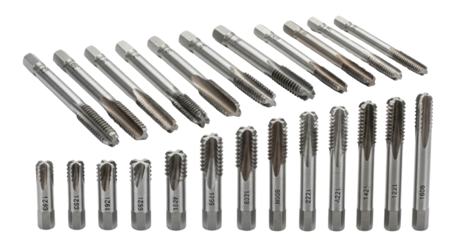 Collection of Metal Taps and Dies isolated on a transparent background