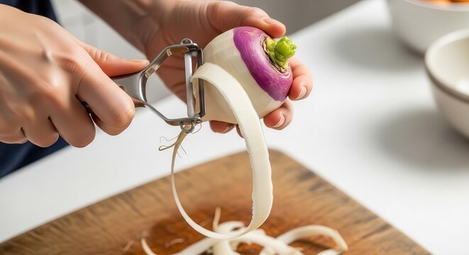 Woman Peeling Fresh Turnip on Wooden Board for Healthy Cooking Preparation, Close Up