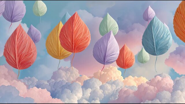 Colorful autumn leaves float among whimsical clouds in a dreamy sky