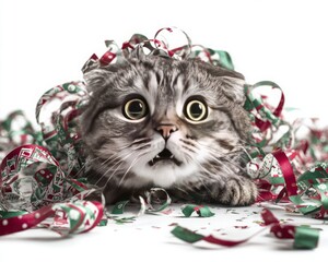 Surprised cat tangled in Christmas ribbons and paper hyperrealistic