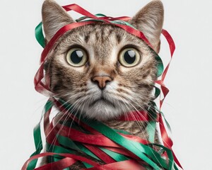 Surprised cat tangled in Christmas ribbons and paper hyperrealistic