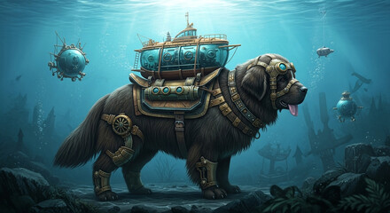An extraordinary steampunk dog, equipped with intricate machinery and a mini-submarine, bravely explores mysterious ocean depths, a true marvel of retro-futuristic engineering