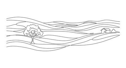 Continuous one line art of a scenic landscape with a tree and barn, single continuous line drawing