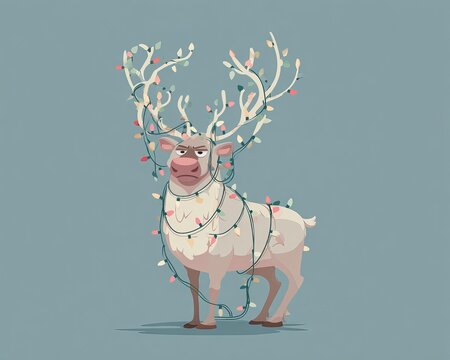 Grumpy reindeer tangled in Christmas lights on pastel background