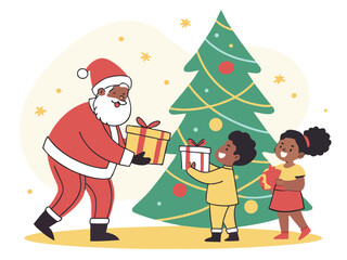 Heartwarming scene of Santa giving gifts to happy children near Christmas tree, joyful festive illustration perfect for cards and holiday storytelling designs