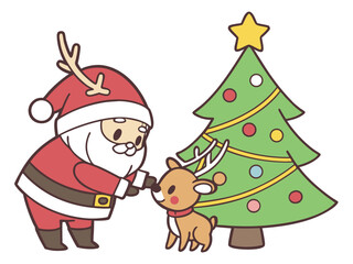 Cute Santa decorating Christmas tree with small reindeer helper, adorable festive illustration perfect for children&rsquo;s products, cards and holiday designs
