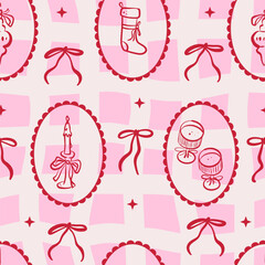 Seamless Christmas pattern with cute decorative cameo frames, bows, and festive elements. Retro coquette style print with elegant vintage charm. Holiday ornament for fabric, wrapping paper. Vector