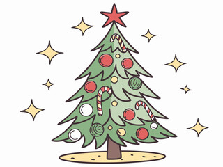 Beautiful Christmas tree decorated with golden stars and ornaments, elegant festive illustration ideal for holiday cards, posters and seasonal graphic design