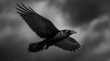 Fototapeta premium Raven flying with wings spread in dark sky