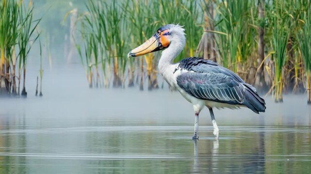 A shoebill stork bird standing in a swamp, prehistoric and majestic, misty atmosphere, 4K, detailed feathers
