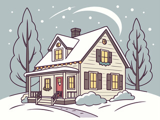 Cozy snow-covered house glowing warmly at night, peaceful winter Christmas illustration perfect for seasonal cards, wallpapers and holiday artwork