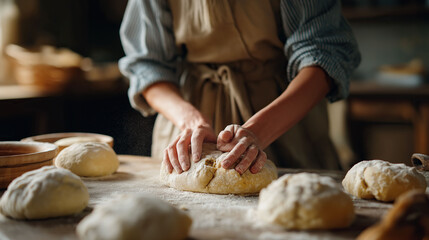 Baker's hands expertly kneading soft flour-dusted dough on rustic wooden table.