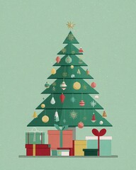 Minimalist flat Christmas tree with geometric ornaments and gifts
