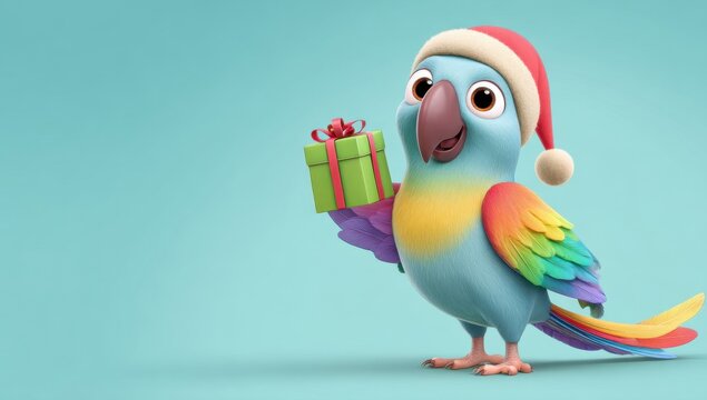 Cute 3d parrot with rainbow gradient feathers wearing a santa hat with a christmas gift box on a light blue pastel background, xmas present scene