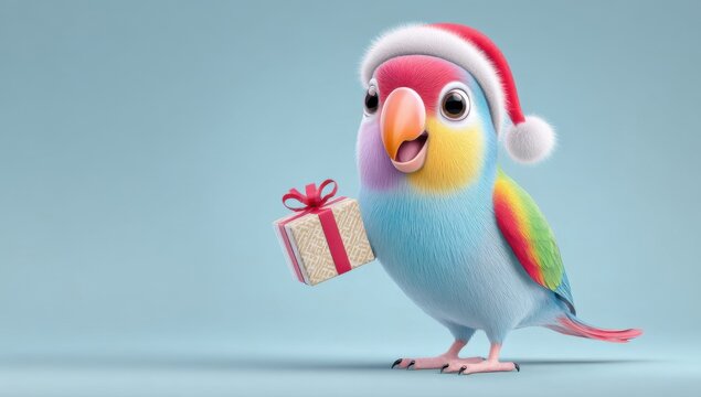 Cute 3d parrot with rainbow gradient feathers wearing a santa hat with a christmas gift box on a light blue pastel background, xmas present scene