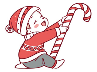 Cute baby playing with giant candy cane in festive winter outfit, sweet Christmas illustration perfect for kids&rsquo; products and seasonal holiday designs