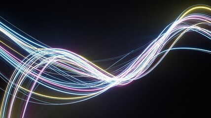 Abstract light trails with colorful glowing lines dynamic wave pattern for modern background design isolated on black