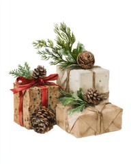 Gifts decorated with pinecones and juniper branches in watercolor