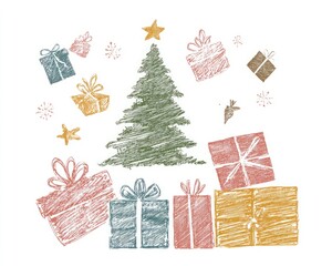 Childlike graphic line art with Christmas theme on white background