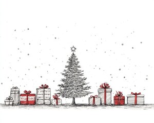 Childlike graphic line art with Christmas theme on white background
