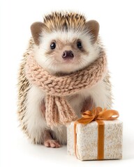 Hedgehog with scarf and gift on white background