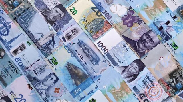 Money background, currency, paper banknotes from different countries. Money cash currency, blue