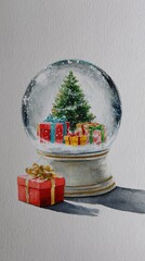 Snow globe with Christmas tree and gifts in watercolor