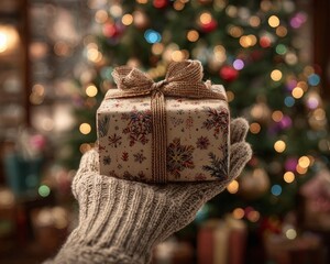 Hyperrealistic photo of hand holding gift box by Christmas tree