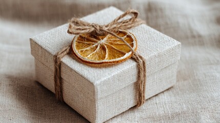 Hyperrealistic photo of gift box and dried orange slice