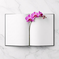 Elegant flat lay of an open book with blank pages and a pink orchid flower on a white marble background. A perfect mockup for a diary, poetry, wedding invitations, or serene, beautiful concepts.