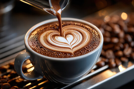 Pouring milk into coffee cup with heart shape latte art