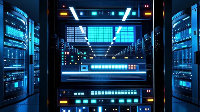 A large room with many computer servers. The room is blue and the servers are blue as well