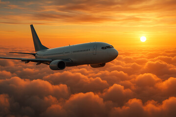 Fototapeta premium Airplane Flying Above Clouds During Sunset – Travel and Freedom Concept
