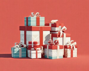 Santas workshop Flat illustration with neatly stacked gifts