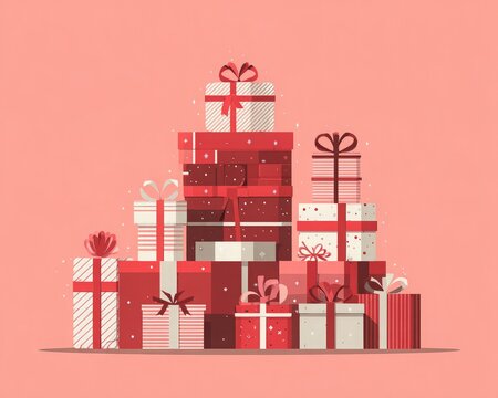 Santas workshop Flat illustration with neatly stacked gifts