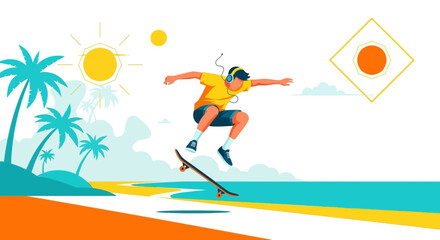 Skateboarder Performing A Mid-Air Jump Near The Beach With Palm Trees and Sunny Day