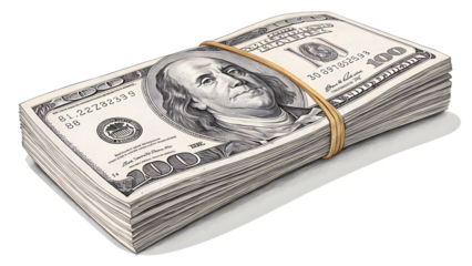 Stack of paper currency tied with band, isolated on transparent background, realistic texture.