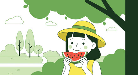 Joyful Girl Eating Watermelon In A Park During Summer Time