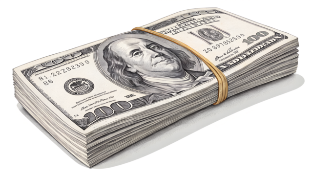 Stack of paper currency tied with band, isolated on transparent background, realistic texture.