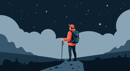 Stargazing Hiker Standing Alone Under Beautiful Night Sky Adventure