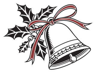 Holly Leaves and Bells with Ribbon, Traditional Christmas Decoration Illustration for Holiday Greeting Cards and Festive Celebration Design