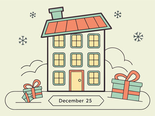 Cute Colorful House with Christmas Lights and Snow, Festive Winter Holiday Illustration for Greeting Card and Seasonal Celebration Design