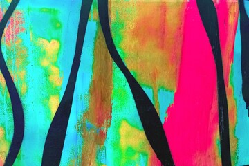 Vibrant abstract wall in neon green, pink, orange with black streaks. 80s, modern art aesthetics, fluorescent tones, dynamic. Art prints, creative spaces, digital displays, modern 2000s gallery decor