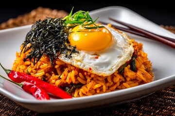 A vibrant plate of fried rice features a soft-cooked egg resting on top, surrounded by seaweed, green onions, and red chili peppers. This dish presents a fusion of flavors
