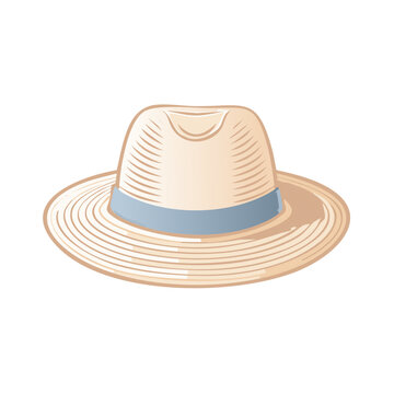 Classic Straw Panama Hat with Blue Ribbon Band Vector Illustration
