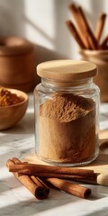 Glass jar filled with cinnamon powder and sealed with a wooden lid, surrounded by cinnamon sticks in warm natural light