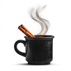 Steaming black mug with two cinnamon sticks and aromatic vapor rising in swirling curls on a white background