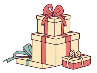 Christmas Gift Boxes with Bows and Ribbons, Festive Presents Illustration for Holiday Greeting Cards and Celebration Design